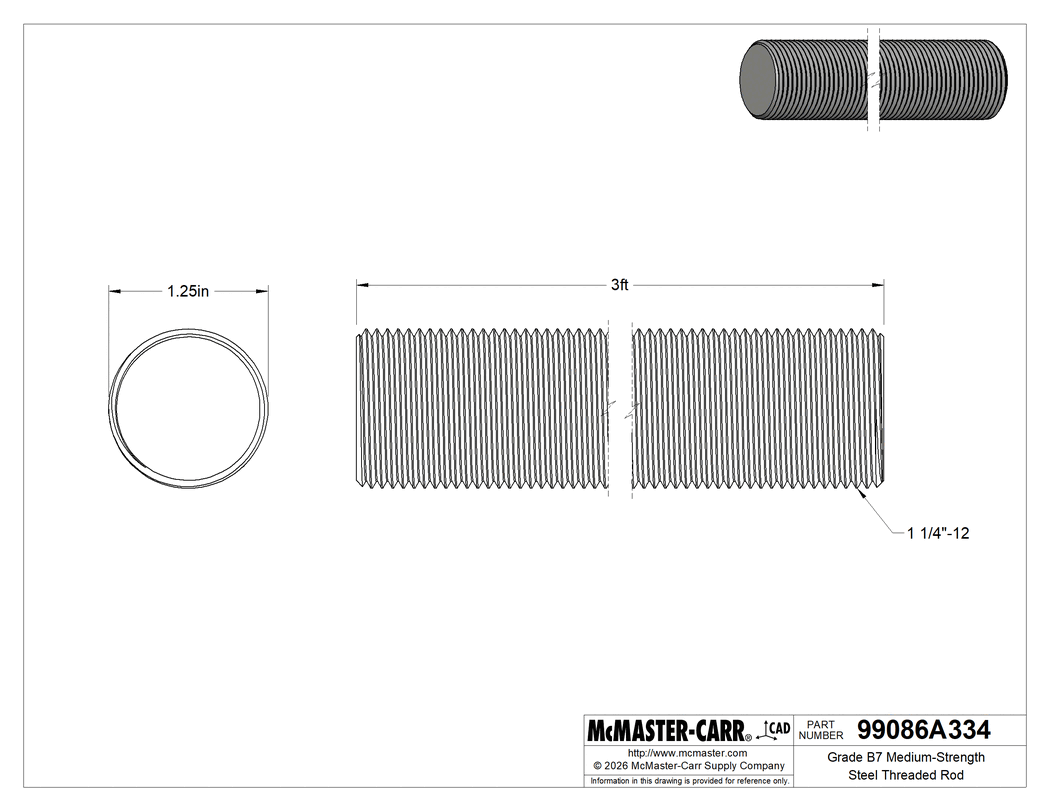Technical Drawing of Grade B7 Medium-Strength Steel Threaded Rod, Zinc Yellow-Chromate Plated, 1-1/4"-12 Thread Size, 3 Feet Long.